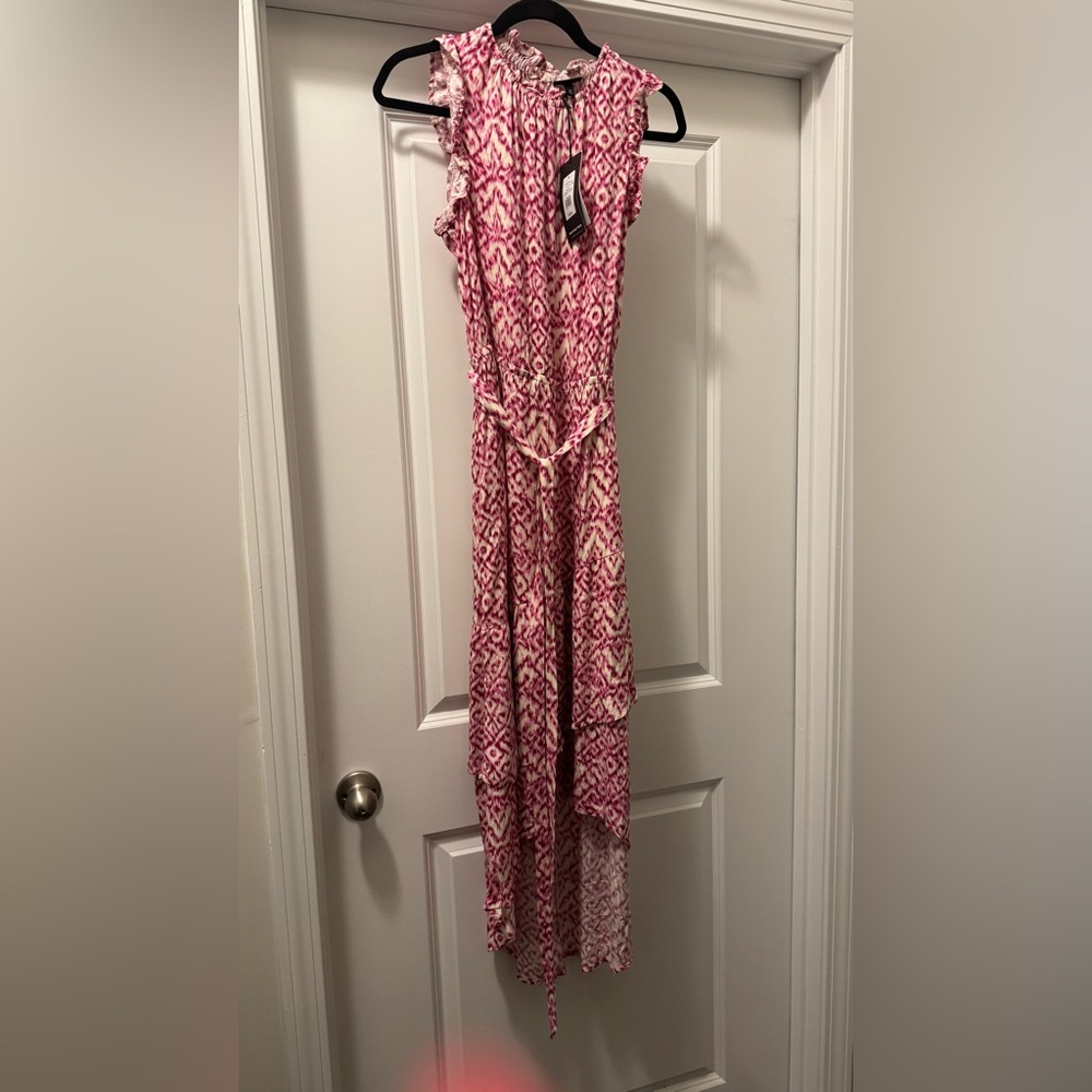 Pink and White Sleeveless Halter Maxi Dress